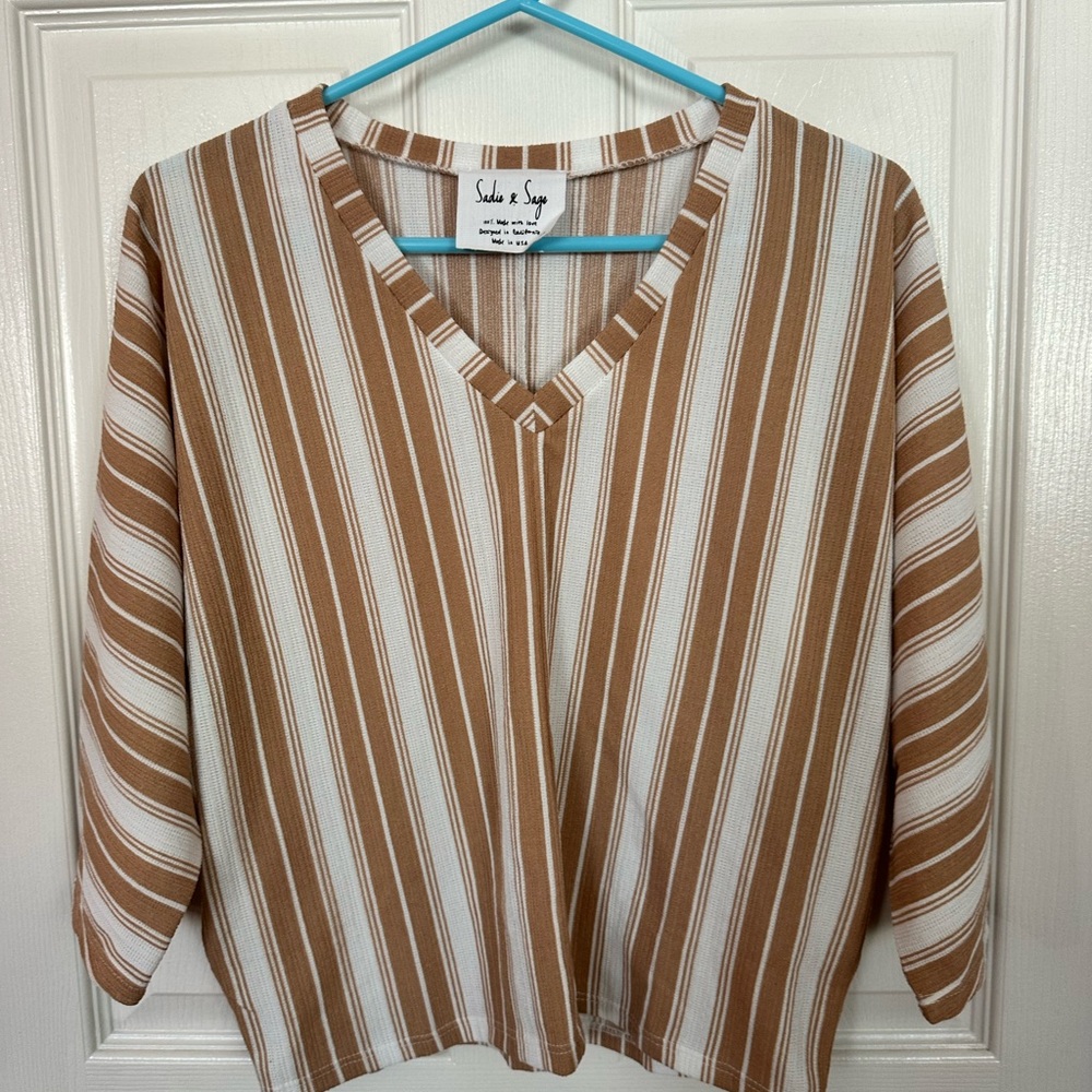 Sadie & Sage Tan and White Striped V-Neck Tunic Top